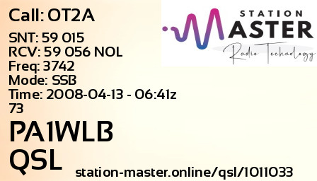 QSL Card for PA1WLB QSO with OT2A