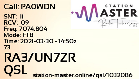 QSL Card for RA3/UN7ZR QSO with PA0WDN