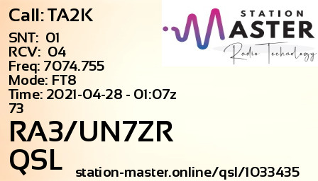 QSL Card for RA3/UN7ZR QSO with TA2K