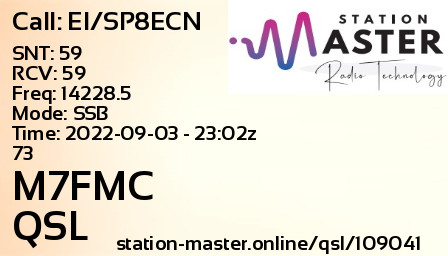 QSL Card for M7FMC QSO with EI/SP8ECN