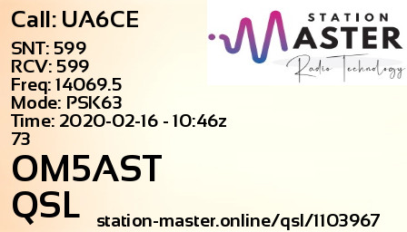 QSL Card for OM5AST QSO with UA6CE