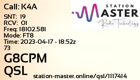 QSL Card for G8CPM QSO with K4A