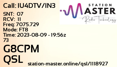 QSL Card for G8CPM QSO with IU4DTV/IN3