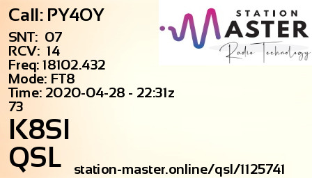 QSL Card for K8SI QSO with PY4OY