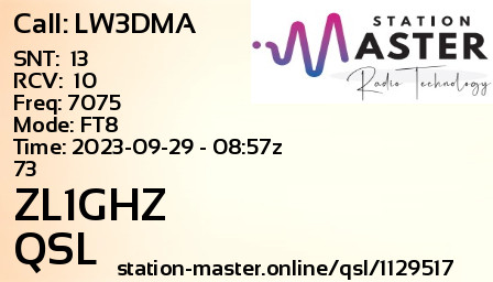 QSL Card for ZL1GHZ QSO with LW3DMA