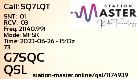 QSL Card for G7SQC QSO with SQ7LQT