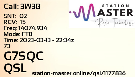 QSL Card for G7SQC QSO with 3W3B