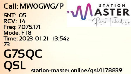 QSL Card for G7SQC QSO with MW0GWG/P