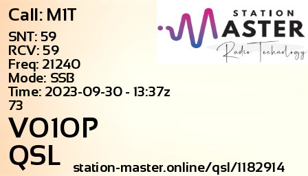 QSL Card for VO1OP QSO with M1T