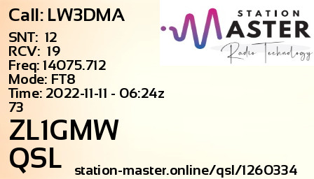 QSL Card for ZL1GMW QSO with LW3DMA