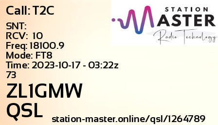 QSL Card for ZL1GMW QSO with T2C