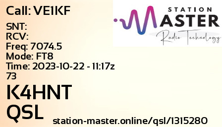 QSL Card for K4HNT QSO with VE1KF