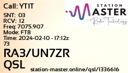 QSL Card for RA3/UN7ZR QSO with YT1T
