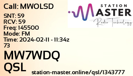 QSL Card for MW7WDQ QSO with MWOLSD