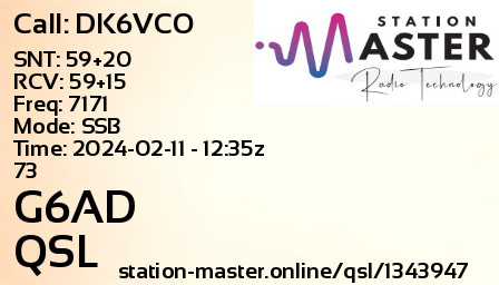 QSL Card for G6AD QSO with DK6VCO