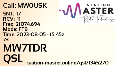 QSL Card for MW7TDR QSO with MW0USK