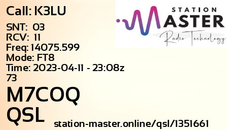 QSL Card for M7COQ QSO with K3LU
