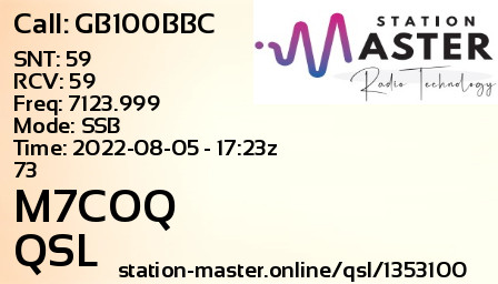QSL Card for M7COQ QSO with GB100BBC