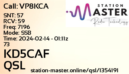 QSL Card for KD5CAF QSO with VP8KCA