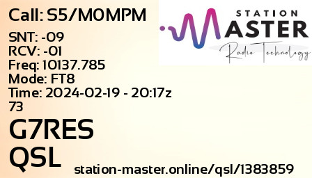 QSL Card for G7RES QSO with S5/M0MPM