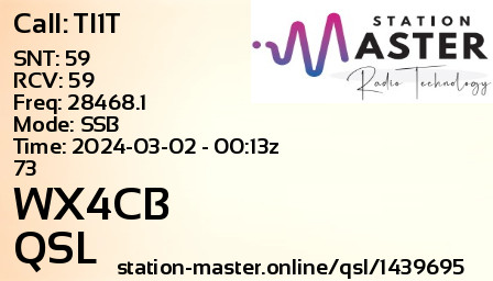 QSL Card for WX4CB QSO with TI1T