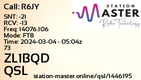 QSL Card for ZL1BQD QSO with R6JY