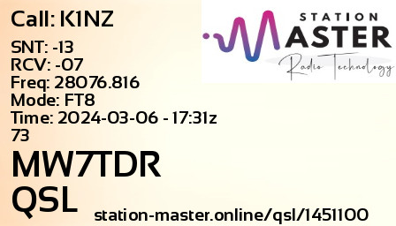 QSL Card for MW7TDR QSO with K1NZ