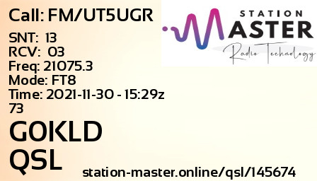 QSL Card for G0KLD QSO with FM/UT5UGR