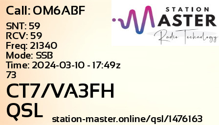 QSL Card for CT7/VA3FH QSO with OM6ABF