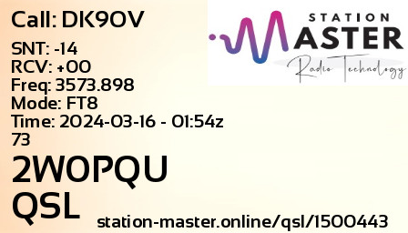 QSL Card for 2W0PQU QSO with DK9OV