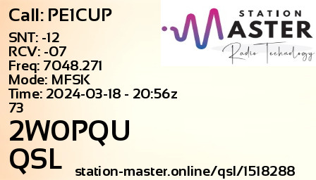 QSL Card for 2W0PQU QSO with PE1CUP