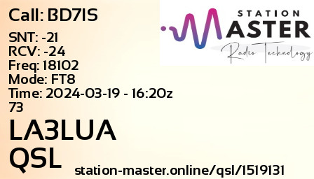 QSL Card for LA3LUA QSO with BD7IS