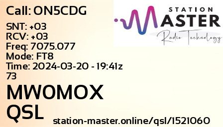 QSL Card for MW0MOX QSO with ON5CDG