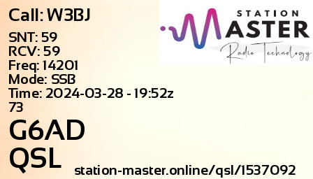 QSL Card for G6AD QSO with W3BJ