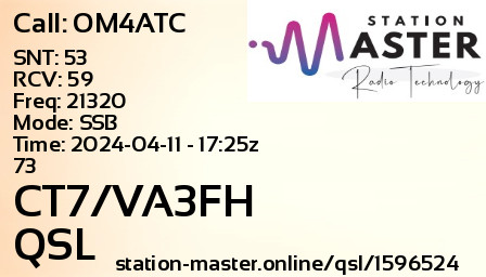 QSL Card for CT7/VA3FH QSO with OM4ATC