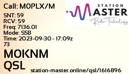 QSL Card for M0KNM QSO with M0PLX/M