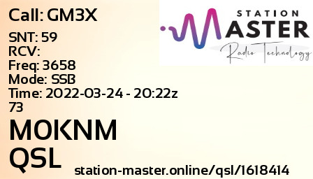 QSL Card for M0KNM QSO with GM3X