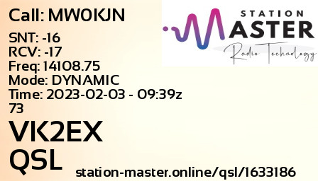 QSL Card for VK2EX QSO with MW0KJN