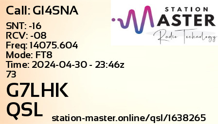 QSL Card for G7LHK QSO with GI4SNA