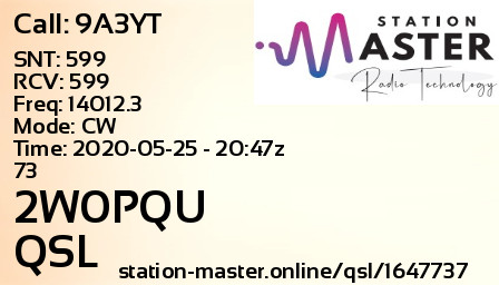 QSL Card for 2W0PQU QSO with 9A3YT