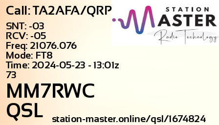 QSL Card for MM7RWC QSO with TA2AFA/QRP