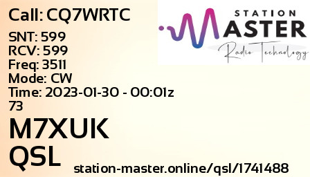 QSL Card for M7XUK QSO with CQ7WRTC
