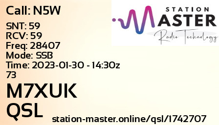 QSL Card for M7XUK QSO with N5W