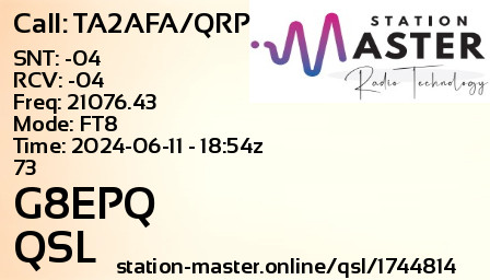 QSL Card for G8EPQ QSO with TA2AFA/QRP