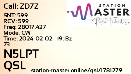 QSL Card for N5LPT QSO with ZD7Z