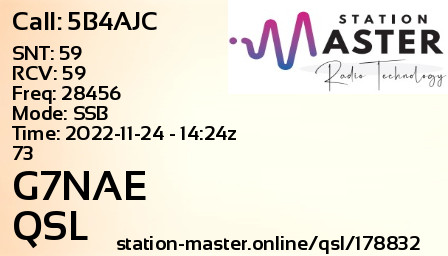 QSL Card for G7NAE QSO with 5B4AJC