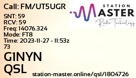 QSL Card for G1NYN QSO with FM/UT5UGR