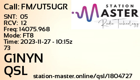 QSL Card for G1NYN QSO with FM/UT5UGR