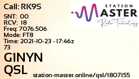 QSL Card for G1NYN QSO with RK9S