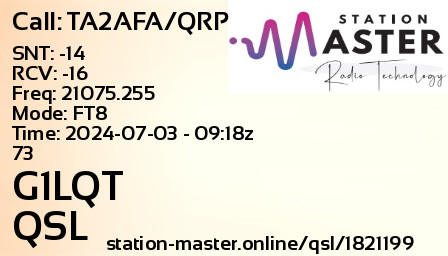 QSL Card for G1LQT QSO with TA2AFA/QRP